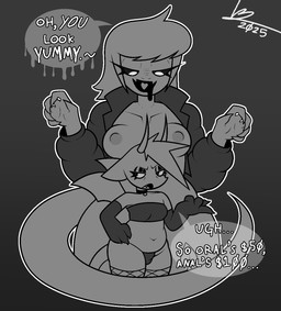 armwear clothing dialogue duo elbow_gloves female fishnet_clothing gloves gynomorph handwear horn imminent_vore intersex intersex/female jacket looming mostly_nude size_difference tail topwear tube_top wings ragsy zegg humanoid imp reptile scalie hi_res monochrome