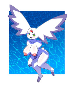anthro big_breasts big_ears biped blush breasts facial_markings female forehead_markings green_eyes head_markings inverted_nipples looking_at_viewer markings navel nipples nude open_mouth pink_nipples simple_background small_tail solo tail thick_thighs white_body wide_hips jose-497 bandai_namco digimon calumon digimon_(species) 2025 absurd_res digital_drawing_(artwork) digital_media_(artwork) hi_res signature