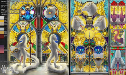 animal_genitalia ankle_tuft anthro anus arm_tuft chest_tuft elbow_tuft fur genital_slit genitals horn inner_ear_fluff leg_tuft long_tail male mane melee_weapon penis polearm prehensile_penis pupils shield slit_pupils solo spear stained_glass stained_glass_window standing tail tail_anus tail_tuft tuft weapon akaylass mythology dragon furred_dragon furred_scalie mythological_creature mythological_scalie scalie absurd_res hi_res model_sheet