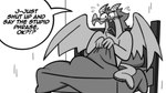 anthro bed blush dialogue embarrassed furniture humor membrane_(anatomy) membranous_wings roleplay solo tail text wings miikesobi mythology dragon mythological_creature mythological_scalie scalie 16:9 comic english_text hi_res monochrome widescreen