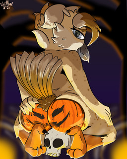 anthro bone butt food for_a_head fruit hand_on_butt holidays looking_at_viewer looking_back male plant presenting presenting_hindquarters pumpkin pumpkin_butt pumpkin_head raised_tail skull solo tail chilltepe halloween rye_owl_(character) avian bird object_head owl 4:5 absurd_res hi_res