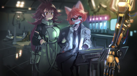 :3 anthro biped chest_tuft clothed clothing coat cybernetics duo electronics female green_eyes hair lab_coat laboratory long_hair machine red_hair tablet tablet_computer topwear tuft yellow_eyes utterangle human mammal procyonid raccoon absurd_res hi_res