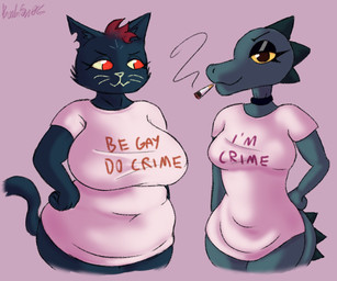 anthro big_breasts blue_body blue_fur breasts cigarette clothing deep_navel duo female fur green_body humor medium_breasts navel navel_outline non-mammal_breasts overweight overweight_anthro overweight_female pink_background shirt simple_background slightly_chubby smoking tail text thick_thighs topwear wide_hips yellow_sclera boobfan06 night_in_the_woods bea_santello mae_borowski crocodile crocodilian domestic_cat felid feline felis mammal reptile scalie colored_sketch english_text sketch