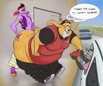 2_horns anthro athletic athletic_anthro athletic_male bent_over big_butt blonde_hair blush bodily_fluids bottomwear bottomwear_down brown_hair buckteeth butt car caught_in_the_act clothed clothing cum cum_on_butt cumshot detailed_background dialogue dialogue_box drive-thru driver duo_focus ear_piercing ear_ring ejaculation embarrassed erection facial_hair fast_food fingers food fur genital_fluids genitals giving_food goatee group hair holding_butt holding_object hooved_fingers hooves horn hot_dogging huge_butt inside_car inside_vehicle jewelry long_ears long_penis male male/male moobs necklace obese obese_anthro obese_male open_mouth orgasm orgasm_face oversized_bottomwear oversized_clothing oversized_pants overweight overweight_anthro overweight_male pants pants_down partially_clothed penis piercing profanity public public_nudity public_sex purple_body purple_fur purple_skin ring ring_piercing sex shocked size_difference small_dom_big_sub stealth_sex tan_body tan_fur tan_skin teeth text tongue topwear trio uniform vehicle vest whiskers white_body white_fur working osos eli_(shabadablue) kidden_eksis badger bovid caprine goat lagomorph leporid mammal mustelid musteline rabbit 2022 colored detailed digital_media_(artwork) english_text hi_res shaded