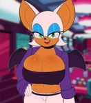 anthro big_breasts breasts clothed clothing eyeshadow female fingers green_eyes hair hand_on_hip looking_at_viewer makeup markings mole_(marking) mole_on_breast open_mouth solo teeth white_hair wings g3mma sega sonic_the_hedgehog_(series) rouge_the_bat bat mammal 2023 absurd_res hi_res