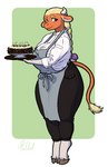 anthro apron big_breasts black_bottomwear black_clothing black_pants blue_eyes bottomwear braided_hair breasts cake clothed clothing curvy_figure dessert dress_shirt eyebrows eyelashes female food fully_clothed hair horn huge_breasts long_hair looking_at_viewer pants shirt simple_background smile solo standing thick_thighs topwear waitress_uniform wide_hips haibet fan_character maita_(character) bovid bovine cattle mammal 2022 digital_media_(artwork) hi_res