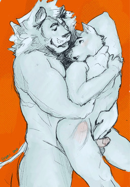 anal anal_penetration anthro anthro_on_anthro anthro_penetrated anthro_penetrating anthro_penetrating_anthro balls blush bodyguard_position duo erection from_behind_position genitals humanoid_genitalia humanoid_penis male male/male male_anthro male_penetrated male_penetrating male_penetrating_male mane musclegut muscular muscular_anthro muscular_male nude nude_anthro nude_male orange_background penetration penile penile_penetration penis penis_in_ass sex simple_background slightly_chubby slightly_chubby_anthro slightly_chubby_male standing standing_sex tail whisker_spots cosmic_dog canid canine canis domestic_dog felid lion mammal pantherine hi_res
