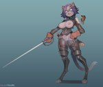 anthro areola belt belt_buckle blue_eyes breasts buckle clothing digitigrade exposed_breasts fangs female genitals gloves hair handwear legwear melee_weapon nipple_piercing nipples piercing purple_hair pussy sabre_(weapon) solo stockings sword tail teeth torn_clothing unwanted_exposure wardrobe_malfunction weapon maridiansnack pulsefailure felid feline felis mammal detailed digital_drawing_(artwork) digital_media_(artwork)