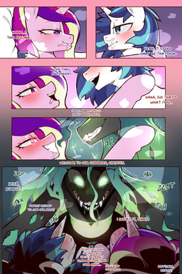 black_body blue_hair blush bodily_fluids dialogue drooling eyelashes female female/female feral feral_on_feral green_hair group hair horn husband_and_wife male male/female married_couple pupils saliva simple_background smile teeth text trio white_body cold-blooded-twilight friendship_is_magic hasbro my_little_pony mythology princess_cadance_(mlp) queen_chrysalis_(mlp) shining_armor_(mlp) changeling_(mlp) equid equine mammal mythological_creature mythological_equine unicorn 2025 2:3 comic english_text hi_res