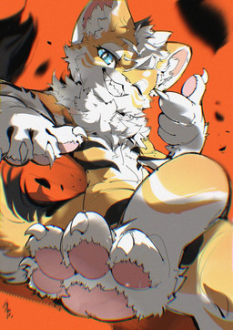 4_fingers 4_toes anthro biped black_stripes black_tail_tip blue_eyes claws closed_smile countershade_arms countershade_face countershade_fur countershade_neck countershade_tail countershade_torso countershading crossed_legs dipstick_tail fangs feet finger_claws finger_gun fingerpads fingers foreshadowing front_view fur gesture hair hand_gesture inner_ear_fluff leaning leaning_backward looking_at_viewer low-angle_view male markings mouth_closed neck_tuft nude nude_anthro nude_male one_eye_closed orange_background pawpads pink_inner_ear pink_pawpads pose pupils simple_background sitting slit_pupils smile smiling_at_viewer solo striped_torso stripes tail tail_markings teeth toe_claws toes toothy_grin tuft white_body white_claws white_countershading white_hair white_inner_ear_fluff white_pupils white_sclera wink winking_at_viewer yellow_body yellow_fur chiayeeee felid mammal 2026 chromatic_aberration digital_drawing_(artwork) digital_media_(artwork) hi_res portrait signature three-quarter_portrait