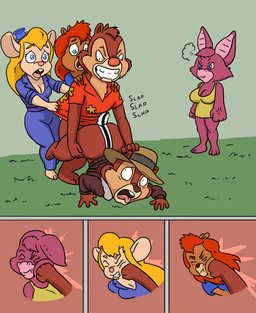 anal anal_penetration anthro ass_up being_watched blonde_hair bottomwear breasts brown_body brown_fur clenched_teeth clothed clothing coat eyes_closed eyewear eyewear_on_head face_punch feet female forced from_behind_position fur gay_in_front_of_girls goggles goggles_on_head group hair hat headgear headwear long_hair looking_at_another male male/male male_penetrated male_penetrating male_penetrating_male male_rape male_raped male_raping_male membrane_(anatomy) open_mouth pants penetration penile penile_penetration punch rape rape_face sex shirt standing standing_sex tail teeth toes tongue tongue_out topwear vylfgor chip_'n_dale_rescue_rangers disney chip_(disney) dale_(disney) foxglove_(cdrr) gadget_hackwrench tammy_squirrel bat chipmunk ground_squirrel mammal mouse murid murine rodent sciurid tree_squirrel comic digital_media_(artwork) hi_res