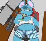 anthro blue_body chair clothing computer drinking electronics furniture kemono male shirt sitting solo topwear underwear letter_route mammal mouse murid murine rodent 2024 hi_res