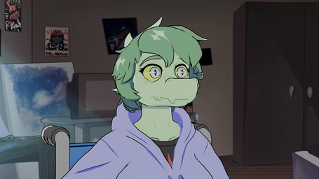 anthro bedroom big_breasts biped black_clothing black_shirt black_topwear breasts clothing disability electronics eyebrows female fingers freckled_face freckles front_view furniture green_body green_hair grey_eyes hair half-closed_eyes hoodie humanoid_hands inside looking_aside medium_hair mischievous_smile narrowed_eyes non-mammal_breasts paraplegic purple_clothing purple_hoodie purple_topwear raised_eyebrow shirt sitting smile solo table television topwear vehicle wheelchair wide_eyed yellow_sclera zoom_in rightestonianman cavemanon_studios i_wani_hug_that_gator olivia_halford baryonyx dinosaur prehistoric_species reptile saurischian scalie spinosaurid theropod 16:9 2025 animated colored shaded widescreen