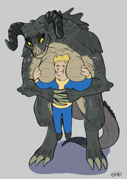 anthro breast_grab breasts claws clothed clothed/nude clothed_male clothing duo featureless_breasts female female_on_human front_view grope hand_on_breast head_between_breasts human_on_anthro interspecies larger_anthro larger_female male male/female male_on_anthro nude size_difference smaller_human smaller_male el-k fallout microsoft vault_boy deathclaw human mammal scalie 2022 absurd_res hi_res