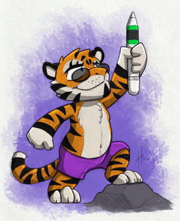 anthro blue_eyes bottomwear chibi closed_smile clothed clothing eyewear fur glasses holding_object holding_pen male male_anthro markings mouth_closed navel orange_body orange_fur pen purple_bottomwear purple_clothing purple_shorts rock round_glasses shorts simple_background smile solo standing striped_arms striped_legs striped_markings striped_tail stripes tail tail_markings topless white_body white_fur hufnaar hufnaar_(character) felid mammal pantherine tiger 2018 dated hi_res