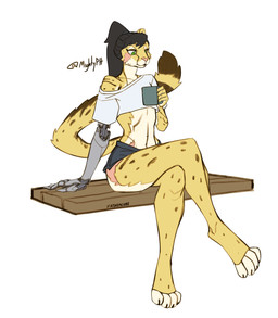 4_toes amputee anthro barefoot beverage bottomwear claws clothed clothing coffee container cup digitigrade disability dolphin_shorts feet femboy fur green_eyes hair holding_container holding_cup holding_mug holding_object long_hair male markings missing_arm missing_ear mug paws prosthetic prosthetic_arm prosthetic_limb scar shorts simple_background sitting solo spots tail toe_claws toes topwear fathomcube king_(mightypoohead) cheetah felid feline mammal absurd_res hi_res