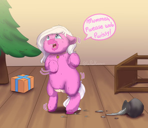 ashes baby_talk blue_eyes box collar container dialogue female female_feral feral fur furniture gift_box hair hooves motion_lines nipples offscreen_character on_hind_legs open_mouth pink_body pink_fur pink_hooves plant pottery solo speech_bubble table tail teeth text tongue tree white_hair white_tail yellow_collar young young_female young_feral laponkisuwu fluffy_pony fluffy_pony_(species) mammal 2024 digital_media_(artwork) english_description english_text hi_res shaded story story_in_description