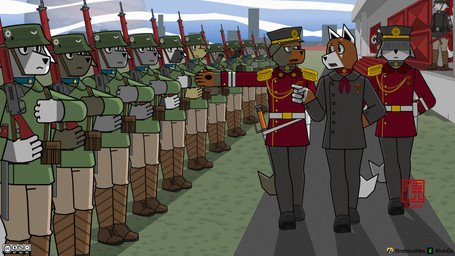 anthro armor bottomwear clothed clothing epaulet fully_clothed group gun headgear helmet male military military_uniform perspective ranged_weapon rifle smile soldier tail text uniform warrior weapon alvidz canid canine canis domestic_dog mammal wolf 16:9 4k absurd_res digital_media_(artwork) english_text hi_res widescreen