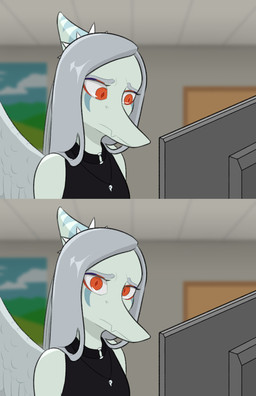 accessory amber_eyes anthro blue_body blue_scales bone_frill clothed clothed_anthro clothed_female clothing computer_monitor detailed_background feathered_wings feathers female female_anthro frill_(anatomy) frown grey_body grey_feathers grey_hair hair hair_accessory hairband head_crest head_frill jewelry looking_at_viewer necklace pendant scales shirt snout solo spiked_hairband striped_frill topwear wings shrek_360_onionscope goodbye_volcano_high ko_op_(game_developer) fang_(gvh) prehistoric_species pterosaur reptile scalie colored digital_media_(artwork) hi_res reaction_image