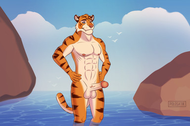 anthro athletic athletic_anthro big_penis blue_eyes blue_sky fur genitals head_tuft male muscular muscular_anthro muscular_male nipples orange_body orange_fur penis rock sky solo standing stripes sunset teeth tuft water white_body white_fur polosatik felid mammal pantherine tiger absurd_res hi_res