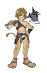 anthro athletic athletic_male axe battle_axe booiaher bulge felid hi_res lion male mammal pantherine simple_background smile solo white_background