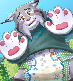 ageplay anthro blush bodily_fluids bottomwear bottomwear_down clothed clothing crying diaper diaper_tape exposed_diaper fur genital_fluids grey_body grey_fur infantilism littlepawz_(diaper) male outside pacifier pants pants_down partially_clothed pawpads paws public roleplay sippy_cup solo sweater tears topwear unclean_diaper urine used_diaper watersports wearing_diaper wet_diaper wetness_indicator homurano_yuma abuniverse disney littlepawz zootopia pawbert_lynxley canada_lynx domestic_cat felid feline felis lynx mammal digital_media_(artwork) hi_res