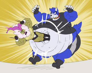abs anthro belly biceps big_belly blue_body blue_fur boots bottomwear claws clothing collar duo fangs fight fingerless_gloves footwear fur gaspard_(oliver) gloves hair handwear male mane muscular muscular_anthro muscular_male obese obese_anthro obese_male overweight overweight_anthro overweight_male shirt shoes shorts tail tank_top teeth thong topwear underwear whiskers wide_eyed wrestling reagan700 voodoo_(kitsunezero) canid canine canis felid lion mammal pantherine wolf 2026 hi_res