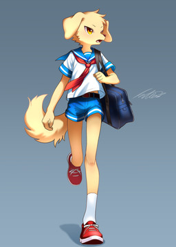 amber_eyes anthro bottomwear brown_nose clothed clothing floppy_ears fluffy fluffy_tail footwear fur kemono kerchief male messenger_bag red_kerchief sailor_uniform school_uniform shoes shorts simple_background slim slim_anthro slim_male sneakers socks solo tail uniform yellow_body yellow_fur young young_anthro young_male netiel bird_dog canid canine canis domestic_dog golden_retriever hunting_dog mammal retriever 2026 hi_res