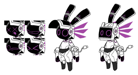 ambiguous_gender angry anthro armor biped black_body black_eyes hollow_eyes machine multicolored_body purple_body simple_background solo standing tail tongue visor white_background white_body x_eyes sabgong animal_humanoid humanoid lagomorph leporid mammal rabbit robot robot_humanoid