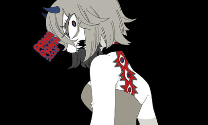 4_eyes anthro black_background breasts clothed clothing female horn multi_eye sharp_teeth simple_background solo teeth 87sukiyaki demon unknown_species 2025 dated hi_res