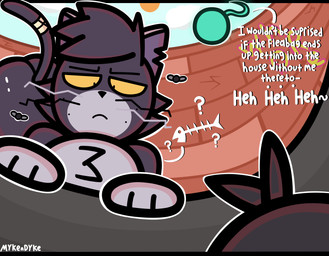 bandage bandaged_tail butt chest_tuft dark_body dark_fur feral fur male solo text trash tuft whiskers yellow_eyes conditional_dnp mykendyke stray_(mykendyke) arthropod felid feline fly_(animal) ghost insect mammal spirit absurd_res hi_res