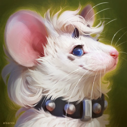 ambiguous_gender black_horn blue_eyes collar feral fur green_background hair head_horn horn leucistic looking_at_viewer pink_ears pink_nose simple_background small_horn smile solo studded_collar studs whiskers white_body white_fur white_hair alsares mammal mouse murid murine rodent 1:1 2020 digital_media_(artwork) digital_painting_(artwork) painting_(artwork)