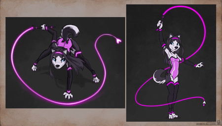 anthro armwear black_armwear black_body black_clothing black_fur black_hair black_legwear black_nose black_tail black_topwear blue_eyes clothed clothing female fur hair holding_object holding_whip legwear solo tail topwear whip white_clothing white_topwear young young_female lichfang canid canine mammal hi_res