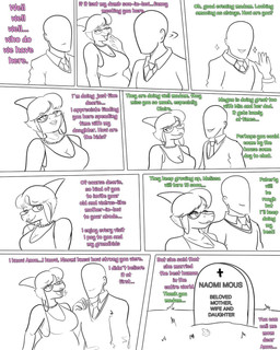 anthro bald big_breasts biped bone_frill breasts clothed clothed_anthro clothed_female clothed_human clothed_male clothing dialogue duo eyewear female fingers frill_(anatomy) glasses hair hand_on_shoulder humanoid_hands jewelry looking_at_another male mature_anthro mature_female mother-in-law necklace necktie non-mammal_breasts sad shirt short_hair slightly_chubby slightly_chubby_anthro slightly_chubby_female smile son-in-law sparkles talking_to_another tank_top text tombstone topwear tragedy wave arsenic_iii cavemanon_studios snoot_game anon_(snoot_game) cassandra_(snoot_game) dinosaur hadrosaurid human mammal ornithischian ornithopod parasaurolophus prehistoric_species reptile scalie 2024 4:5 comic english_text hi_res