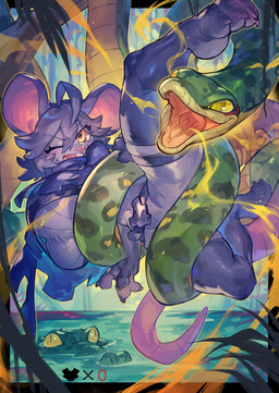 ambiguous_gender anthro belt big_breasts blush bodily_fluids breasts buckteeth clothing coiling feet female feral green_body grey_body group hair life_counter navel one_eye_closed open_mouth plant shirt smile sweat sweatdrop tail teeth topwear tree water yellow_eyes wolftapioca crocodilian mammal reptile rodent scalie snake 2026 absurd_res digital_media_(artwork) hi_res