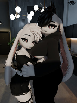 anthro areola areola_slip big_breasts black_claws black_hair bottomwear breasts claws clothing crop_hoodie detailed_background duo ear_piercing eyeshadow female femboy fishnet_clothing fishnet_legwear floppy_ears freckled_face freckles hair head_on_breast hug kneeling legwear long_ears looking_at_viewer makeup male mohawk one_eye_obstructed pants piercing pink_eyes scut_tail short_tail small_waist smile tail thick_thighs tomboy white_body white_hair wide_hips hound_helldan ash_redline_(hound_helldan) eva_redline_(hound_helldan) lagomorph leporid mammal rabbit 3:4 3d_(artwork) absurd_res digital_media_(artwork) hi_res watermark brother_(lore) brother_and_sister_(lore) sibling_(lore) sister_(lore)