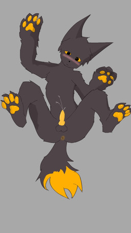animal_genitalia animal_penis anus black_body black_fur blush bodily_fluids canine_genitalia canine_penis fur genital_fluids genitals knot knotted_penis lying male on_back orange_body orange_fur pawpads paws penis precum precum_squirt solo spread_legs spreading lemonbinca casualties:_unknown expie_(gunsawian) gunsawian hi_res