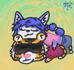 anthro blue_hair chibi clothed clothing duo eyewear female fur hair male male/female orange_body orange_fur short_hair simple_drawing sleeping smile striped_body stripes sunglasses tail white_body white_fur zak898 nintendo star_fox krystal_(star_fox) zack_(zak898) canid canine felid fox mammal pantherine tiger digital_media_(artwork) low_res sketch