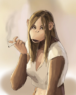 5_fingers amber_eyes anthro blonde_hair breasts brown_body brown_fur cigarette cleavage clothed clothing crop_top digit_ring ear_piercing ear_ring female finger_ring fingers fur hair jewelry looking_away medium_breasts navel open_mouth piercing ring_piercing shirt simple_background smoke smoking solo topwear redustheriotact jane_(redustheriotact) haplorhine mammal monkey primate 2024 hi_res sketch