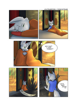 anthro bed bed_sheet bedding clothed clothing dialogue furniture green_eyes male plant solo tail text tree young friskykitsune canid canine canis mammal wolf comic english_text hi_res
