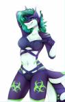 5_fingers anthro biohazard_marking biohazard_symbol breasts clothed clothing female fingers green_hair hair hazard_symbol leg_markings markings midriff navel non-mammal_breasts pose simple_background smile solo standing symbol thigh_markings white_background kristiana_puff nadya_(blutroyale93) fish marine shark 2018 digital_media_(artwork) hi_res pinup