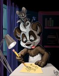 anthro bookshelf curtains duo furniture lamp male pencil_(object) writing_utensil pandapaco mausie_(character) parinton bear giant_panda mammal mouse murid murine rodent