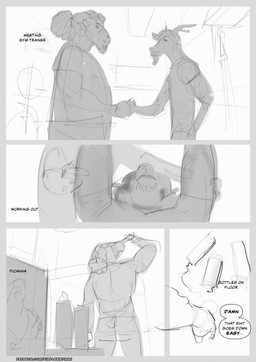 anthro duo exercise facial_hair goatee horn male profanity solo text weightlifting workout purplebirdman bovid caprine goat mammal sheep comic english_text hi_res monochrome sketch sketch_page