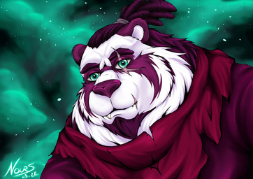 anthro blue_eyes clothing hair looking_at_viewer male markings muscular night nours_(pandanours) pandanours purple_hair simple_background sky solo blizzard_entertainment warcraft bear mammal pandaren 2022 digital_media_(artwork) icon