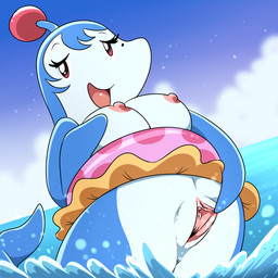 breasts busty_feral cloud day female feral genitals looking_at_viewer markings mole_(marking) nipples open_mouth pink_eyes pool_float sea semi-anthro sky solo spread_vulva spreading tongue vulva water lonbluewolf bomberman bomberman_jetters hudson_soft konami dolphin_bomber cetacean dolphin mammal marine toothed_whale 1:1