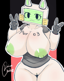 anthro areola big_breasts breasts butt clitoris double_v_sign female female_anthro genitals gesture green_areola green_clitoris green_inner_ear green_nipples hand_gesture huge_breasts looking_at_viewer nipples not_furry nude nude_anthro nude_female screen screen_face segmented_body simple_background small_waist solo thick_thighs v_sign wide_hips lixiaochake pur_03 domestic_cat felid feline felis mammal 4:5 absurd_res hi_res portrait three-quarter_portrait
