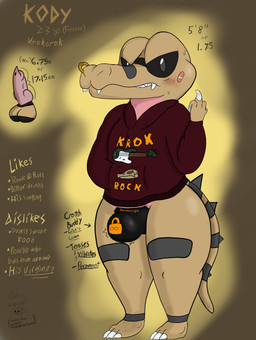 anthro balls bandage bandage_on_face blush bodily_fluids bottomless chastity_bulge chastity_device clothed clothing edging embarrassed facial_piercing genitals hoodie infinity_symbol lock_symbol looking_at_viewer male nose_piercing nose_ring null_bulge orgasm_denial penis permanent_chastity_device piercing ring_piercing solo standing sweat symbol text three-quarter_view toony topwear virgin fattestmac10 nintendo pokemon kody_(fattestmac10) generation_5_pokemon krokorok pokemon_(species) scalie absurd_res english_text hi_res model_sheet
