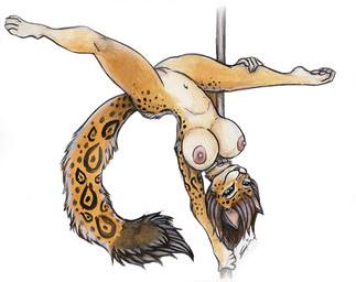 4_toes 5_fingers anthro breasts brown_hair collar dipstick_tail feet female fingers genitals gloves_(marking) green_eyes hair leg_markings markings navel nipples pawpads pink_nipples pink_nose pink_pawpads pink_vulva pole simple_background socks_(marking) solo stripper_pole tail tail_markings toes vulva white_background shiverz felid feline mammal