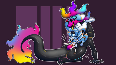 4_arms animal_genitalia anthro antlers black_body blue_body blue_fur bodily_fluids colored_fire cum cum_from_mouth cum_in_mouth cum_inside dominant duo female fire flaming_head flaming_tail fur genital_fluids genital_slit genitals gradient_penis halo holding_another horn irrumatio larger_dom male male/female markings multi_arm multi_limb one_eye_closed oral orange_markings orange_penis penile penis penis_in_mouth purple_penis sex size_difference tail tapering_penis throat_swabbing white_body white_fur halfpricesouls mythology creo_nguyen kaydelas avali dragon mythological_creature mythological_scalie scalie unknown_species absurd_res hi_res