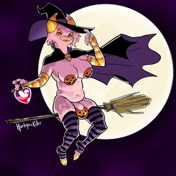 anthro arm_warmers armwear breasts clothed clothing footwear genitals gynomorph hat headgear headwear horn intersex legwear obscured_genitals pasties pattern_arm_warmers pattern_armwear pattern_clothing pattern_footwear pattern_legwear pattern_socks penis sharp_teeth socks solo striped_arm_warmers striped_armwear striped_clothing striped_footwear striped_socks stripes teeth thong topless underwear witch_costume witch_hat harlequinkiller vikkie_(harlequinkiller) bovid caprine caprine_demon demon domestic_cat felid feline felis goat goat_demon hybrid mammal 1:1 absurd_res hi_res